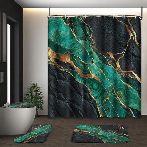 Vista 10 de Juego de cortina de ducha de mármol con tapa de inodoro y alfombras antideslizantes, 4 piezas de cortina de ducha hexagonal de oro negro con 12