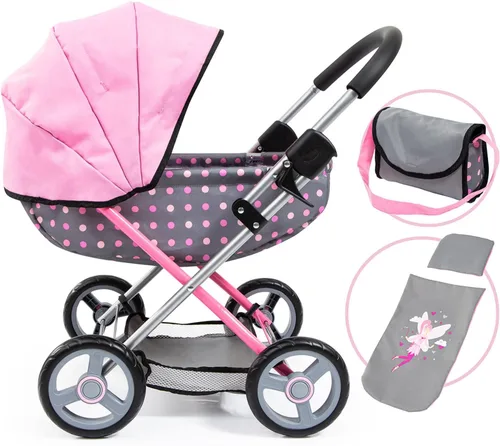 Bayer: Cochecito Cosy, Fairy Poka Dot Gris Rosa - Incluye manta+almohada+bolso, para muñecas de hasta 18 pulgadas, a partir de 3 años