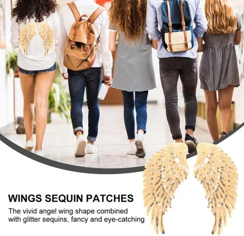 Vista 3 de jojofuny Sequin Angel Wings Sewing Patches for Clothes 2 Pairs Gold Embroidered Fabric Applique Decorative Patch for Jackets DIY Garment Accessory