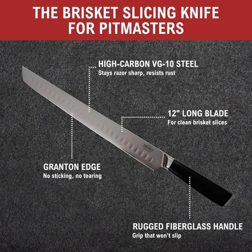 Vista 3 de Smoke Kitchen Cuchillo para cortar pechuga de 12 pulgadas, acero VG-10, borde Granton, espiga completa, mango G10, cuchillo para tallar carne