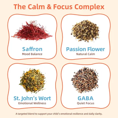 Vista 4 de Gomitas de azafrán para niños, con flor de la pasión, extracto de azafrán y GABA, suplemento de apoyo al estado de ánimo tranquilo