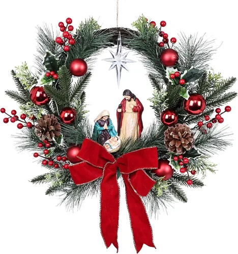 Vista 7 de Centro de mesa navideño rojo, decoración navideña de cedro con 3 portavelas de cristal, bayas rojas, bolas para fiestas navideñas, hogar, chimenea