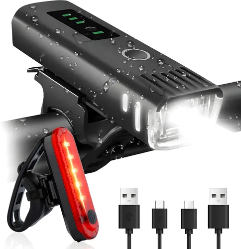 Juego de luces de bicicleta recargables USB ultra brillantes, 4 modos de luz, faros delanteros y traseros de bicicleta, luz delantera y trasera para
