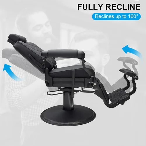 Vista 7 de Silla de barbero moderna MYS The Founder, silla de peluquero resistente modelo 8817, reclinable a 135°, cuero inoxidable, marco de aluminio