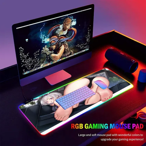 Vista 6 de Gaming RGB Anime Girl Sexy Large Locked Mouse Pad Computer Mousepad Led Backlight XXL Mause Keyboard Desk Mat 35.43 inch x15.74 inch