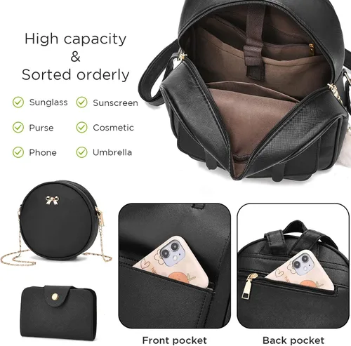 Vista 5 de Fahsion - Juego de 3 piezas de mochila de cuero para mujer mochila para mujer bolsa de libros para adolescentes y niñas