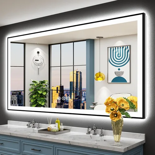 Vista 38 de Espejo de baño LED de 48 x 30 pulgadas con luces, retroiluminado + frontal iluminado, espejo de tocador con luz antiniebla para pared de baño con 3