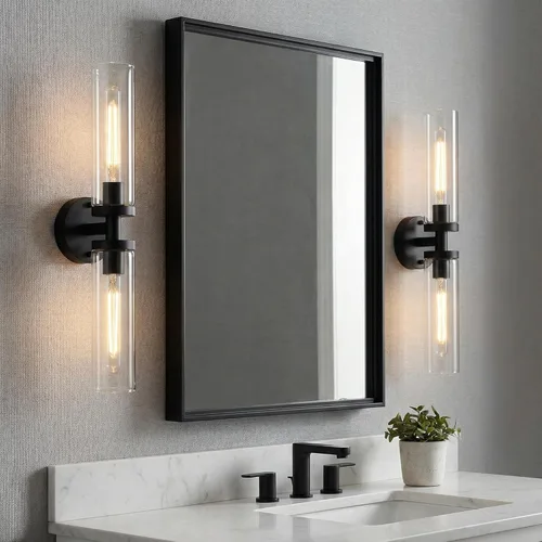 Vista 5 de Juego de 2 apliques de pared, lámparas de baño cableadas, iluminación de pared moderna para tocador de baño con pantalla de vidrio transparente