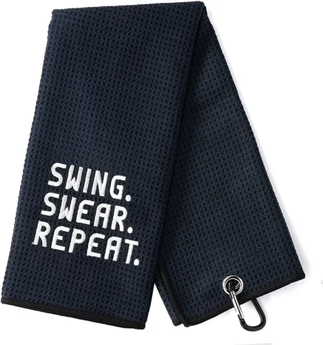 DYJYBMY Swing Swear Repeat - Divertida toalla de golf bordada negra con clip, regalo perfecto de cumpleaños de golf para marido, papá, esposa, mamá