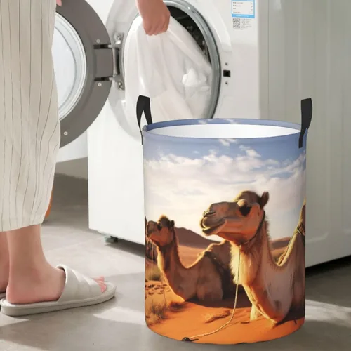 Vista 7 de Camels Rest Desert Print Laundry Hamper Circular Waterproof Storage Basket Protable Dirty Clothes Hamper Storage Bin For Home Organizer Living Room