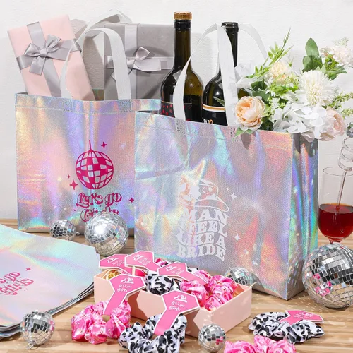 Vista 3 de Norme Juego de 24 piezas de regalo de despedida de soltera, 12 bolsas de despedida de soltera occidental, 12 coleteros para el pelo, con estampado