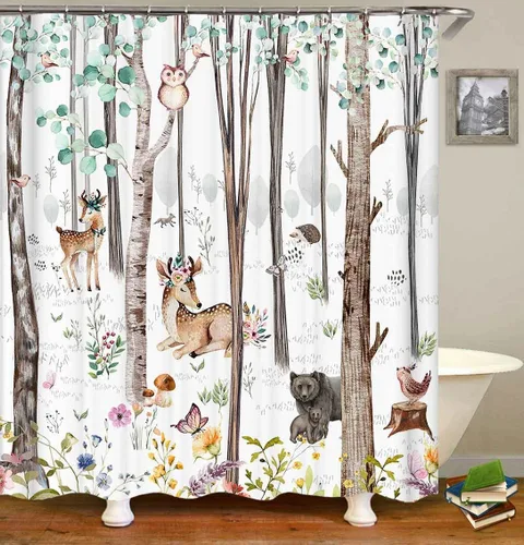 Vista 73 de Camille&Andrew - Juego de 4 cortinas de ducha de tela de ciervo rústico negro, alce, alce, pino, luna, casa de campo, panel rústico, tablero