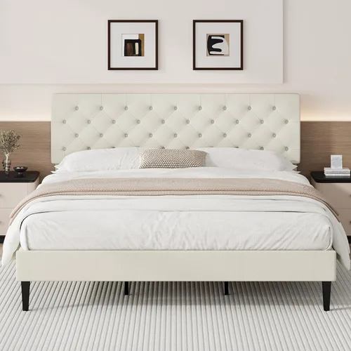 Vista 18 de BarnFurin Base de cama Queen, plataforma tapizada con cabecera capitoné con botones, camas de tela tamaño Queen con soporte de listones de madera