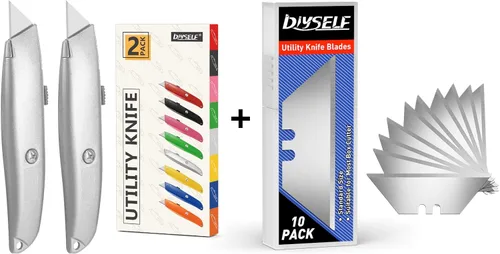 DIYSELF Paquete de 2 cortadores retráctiles con 10 hojas de cuchillo utilitario, cuchillas afiladas de acero SK5, cortadores de caja para cartón,