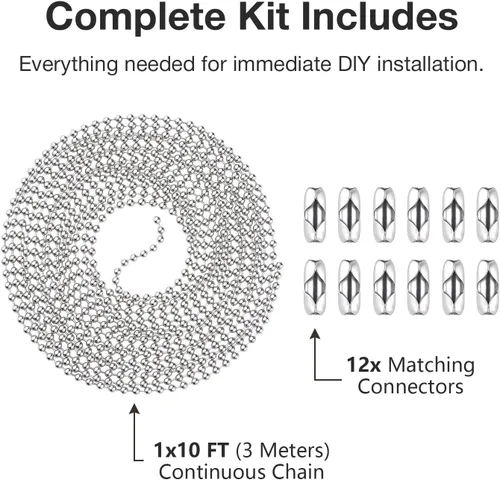 Vista 3 de SmoTecQ Extensión de cadena de ventilador de techo de 10 pies (120 pulgadas), plata chapada en níquel, cadena de bolas de cuentas de 0.118 in con 12