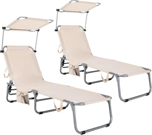 Vista 11 de Goplus Silla bronceadora, silla de playa plegable con toldo de 360°, bolsillo lateral, tumbona ajustable de 5 posiciones para exteriores, para Beige