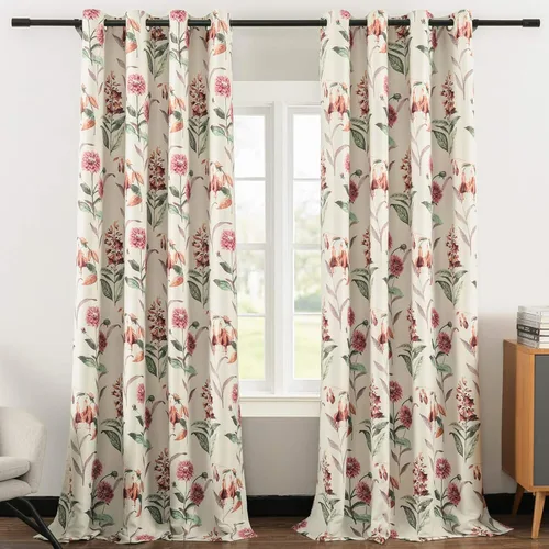 Vista 9 de Leeva Cortinas opacas con estampado de flores y hojas, estilo campestre, aislamiento térmico, cortinas reductoras de luz para comedor, 2 paneles, 52