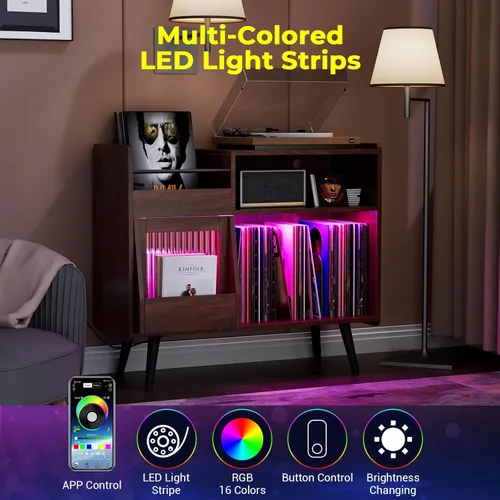 Vista 5 de Soporte grande para tocadiscos con puerta corredera, armario de almacenamiento de discos de vinilo 350, mesa de tocadiscos con toma de corriente