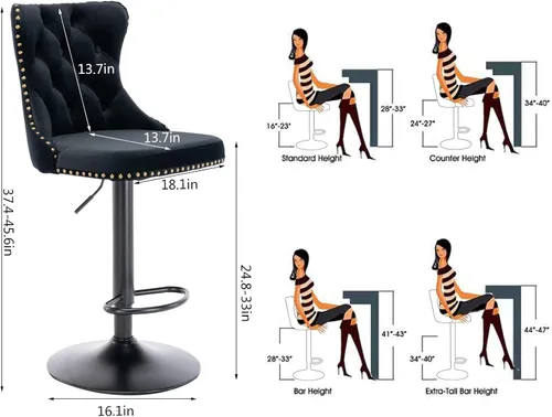 Vista 12 de Aoowow Juego de 2 taburetes de bar giratorios, taburetes de bar ajustables con respaldo de terciopelo copetudo, sillas de bar modernas tapizadas