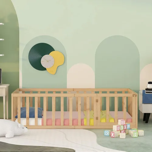 Vista 3 de AOCOROE Marco de cama Montessori de tamaño individual con rieles y puerta. Marco de cama individual de madera para niños y niñas