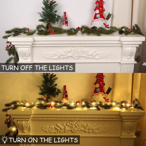 Vista 3 de CCINEE - Guirnalda de Navidad con luces, 1,8 m, funciona con pilas, guirnalda de pino de Norfolk preiluminada con 35 LEDs, bayas rojas, conos