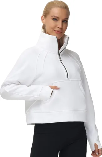 Sudadera corta con media cremallera para mujer cuello alto con bolsillos agujero para el pulgar