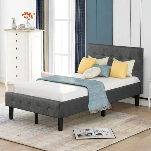 Vista 3 de Catrimown Base de cama tapizada de lino tamaño individual con cabecera capitoné con botones, fuerte soporte de listones de madera, base de colchón