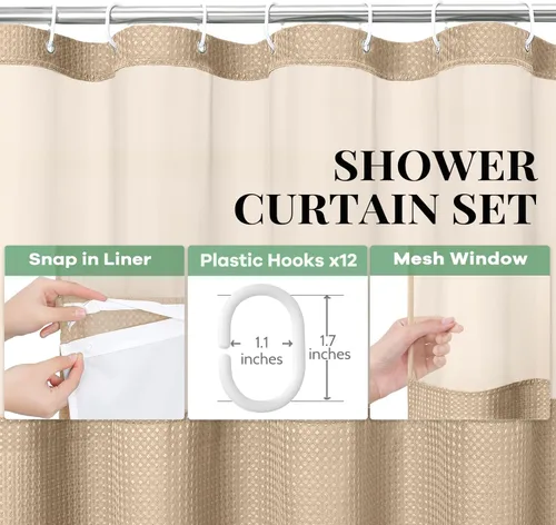 Vista 285 de Cortina de ducha de tela Dynamene verde oscuro - Cortinas de baño de tela de nido de abeja texturizadas resistentes, juego de cortinas de baño