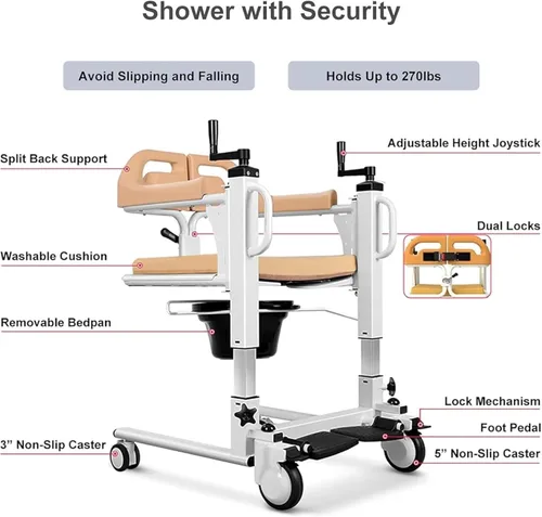 Vista 5 de Silla de transferencia de paciente para el hogar, silla elevadora de transferencia para personas mayores 4 en 1, silla de transferencia portátil