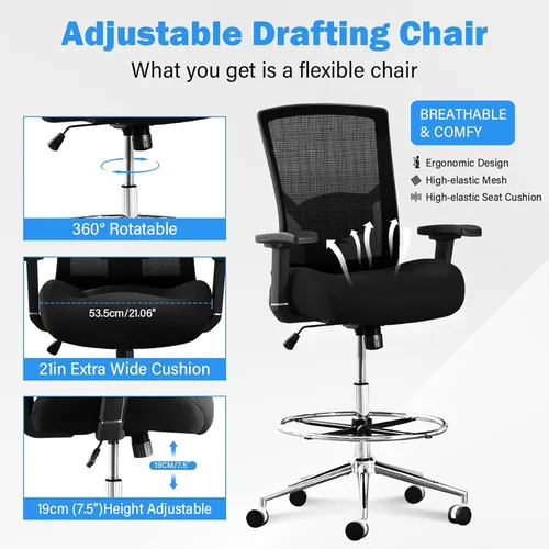 Vista 7 de Silla de dibujo ergonómica alta para escritorio de pie, cojín extra ancho de 21 pulgadas, brazos ajustables, ruedas de bloqueo de presión, malla