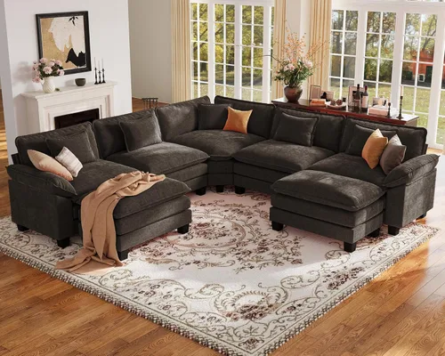 Vista 69 de Sofá modular de gran tamaño de 154 pulgadas, cómodo sofá en forma de U con 3 otomanas móviles, sofá moderno de felpilla de 7 plazas para sala