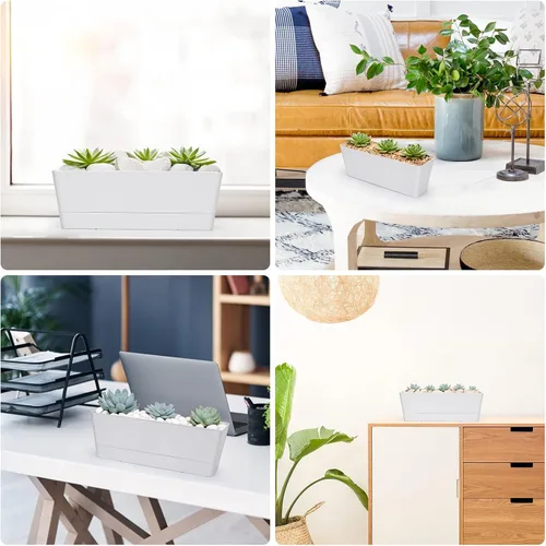 Vista 6 de GREANER Cajas de flores, paquete de 3 cajas rectangulares de ventana de 12 x 3.8 pulgadas, macetas de hierbas con bandeja, macetas de plástico