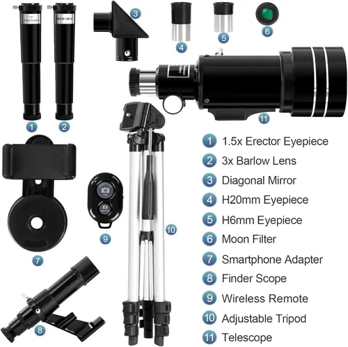 Vista 2 de occer Telescopes for Adults Kids - Portable Telescope for Beginners for View Moon(15x-150x) - 70mm Aperture 300mm Lightweight Refracting Telescopes