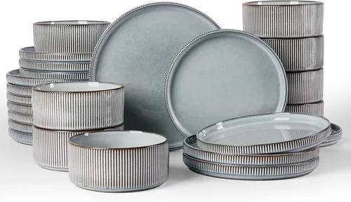 Vista 15 de Juego de vajilla Famiware Star con tazas, servicio para 4 (16 piezas), platos y cuencos de gres acanalado, resistentes a las astillas y a