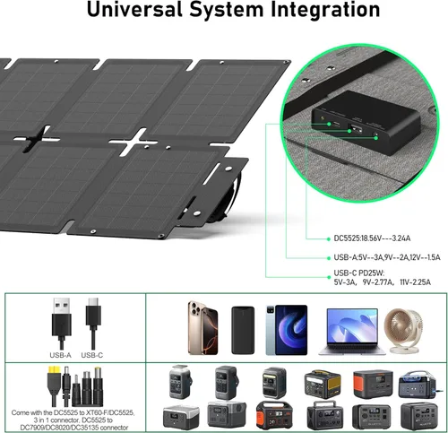 Vista 2 de Panel solar portátil de 60 W, monocristalino 24.8% panel solar plegable de alta eficiencia, puerto USB C, impermeable IP65 con soporte, panel solar