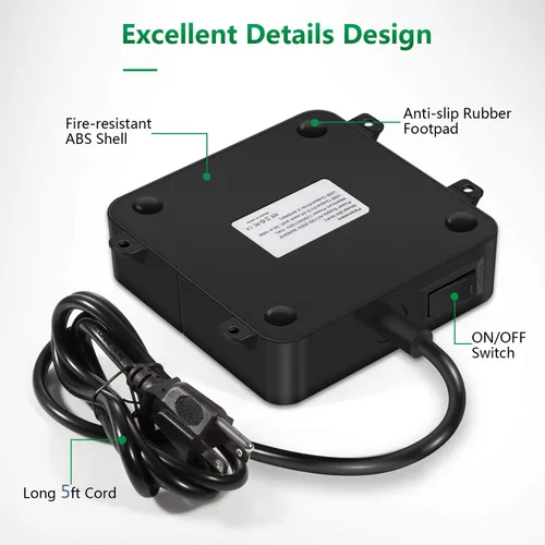 Vista 4 de Regleta de alimentación con USB - Regleta de alimentación de pared con 4 puertos USB y 3 tomas de corriente con interruptor de encendido/apagado