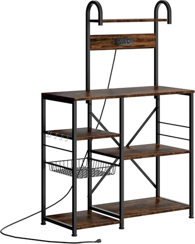 Vista 9 de JAMFLY Estante para panaderos con toma de corriente, soporte para microondas, estante de almacenamiento de cocina con 6 ganchos, estación de barra