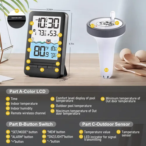 Vista 2 de Termómetro inalámbrico WiFi para piscina con pantalla LCD digital de 4 pulgadas fácil de leer, termómetro de agua perfecto para piscina