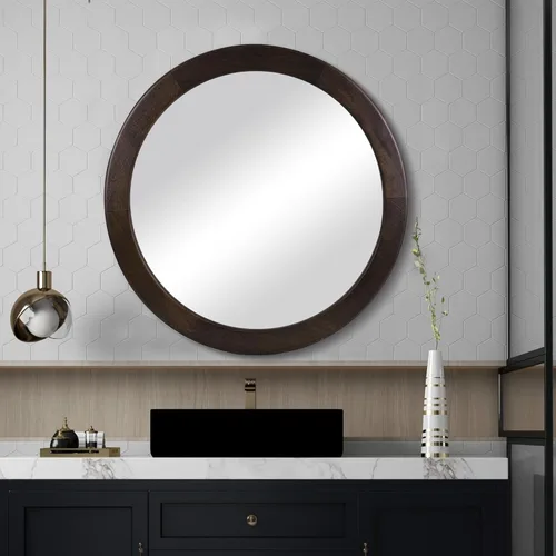 Vista 3 de Espejos redondos de 24 pulgadas, espejo rústico de pared de tocador de madera con marco de madera, espejo circular de madera para baño, dormitorio