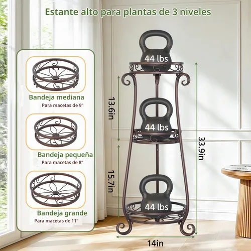 Vista 2 de LASZOLA 3 Tiers Metal Corner Plant Flower Stand Tall Indoor Outdoor, Bronze Bronce