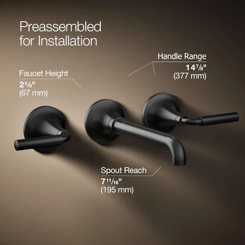 Vista 4 de Kohler T26439-4-BL - Juego de grifo de lavabo de baño de montaje en pared, grifo de baño con dos manijas de palanca, negro mate