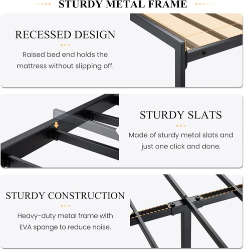 Vista 4 de SHA CERLIN Base de cama de tamaño matrimonial con estante de cabecera y base de metal resistente, no necesita somier, color marrón