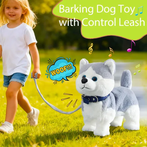 Vista 3 de HCdoujoy Husky Juguete de Perro que Camina y Ladra, Musical Cantando Bailando Control de Volumen Cachorro Interactivo que Camina con Correa, Cola