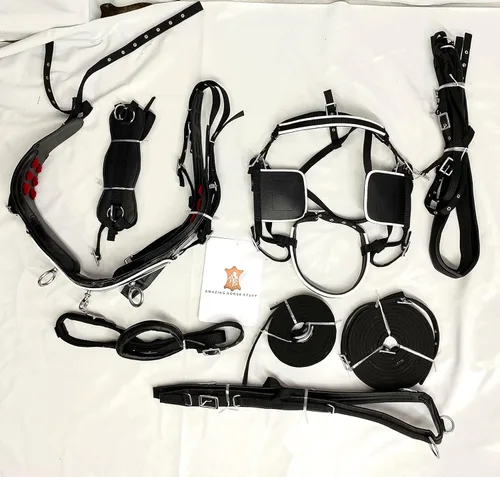 Vista 5 de Arnés de conducción de nailon de charol negro para carro de caballo individual con ribete blanco (matrimonial, mazorca, poni, shetland y mini)