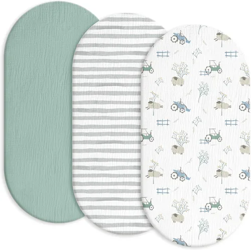 Vista 19 de Gllquen Baby Sábanas de Muselina para Moisés Paquete de 3, Sábanas Ajustadas de Algodón Transpirables Elásticas y Acogedoras para Colchón de Moisés