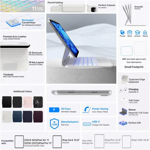 Vista 6 de typecase Funda de teclado para iPad Air 11 y iPad Pro 11 (4ª, 3ª, 2ª, 1ª generación), teclado mágico para iPad Air 5ª/4ª generación, funda