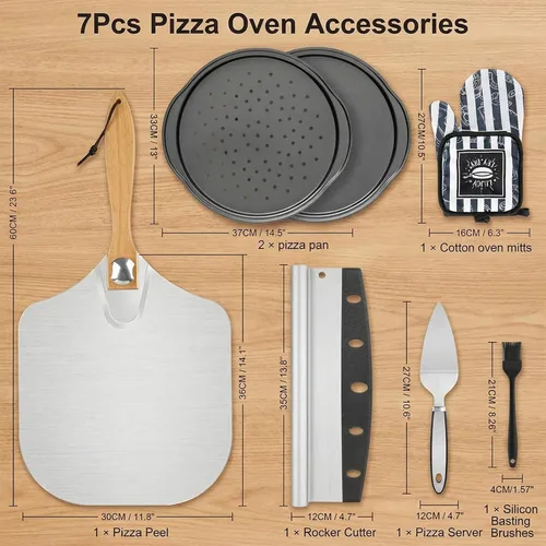 Vista 7 de Juego de Pala y Bandeja para Pizza, 7 Piezas de Accesorios para Horno de Pizza, Pala de Pizza de Metal de 12 Pulgadas (12"x 14") con Mango de Madera