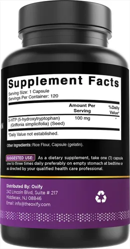 Vista 5 de Oxify 5-HTP 5-hidroxitriptófano 100 mg 120 cápsulas Sin gluten, sin OMG Suplemento fabricado en Estados Unidos