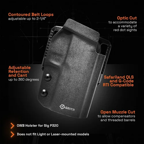 Vista 2 de GRITR OWB Kydex Sig Sauer P320 Holster for Men & Women w/Optic Cut, Open Bottom, Adjustable Cant, Safariland QLS/G-Code RTI Attachments Compatible