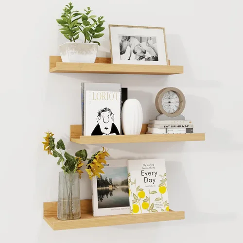 Vista 29 de Axeman Estante de repisa para cuadros Juego de 3 estantes flotantes negros de 16 pulgadas Estantes de pared de madera rústica con borde